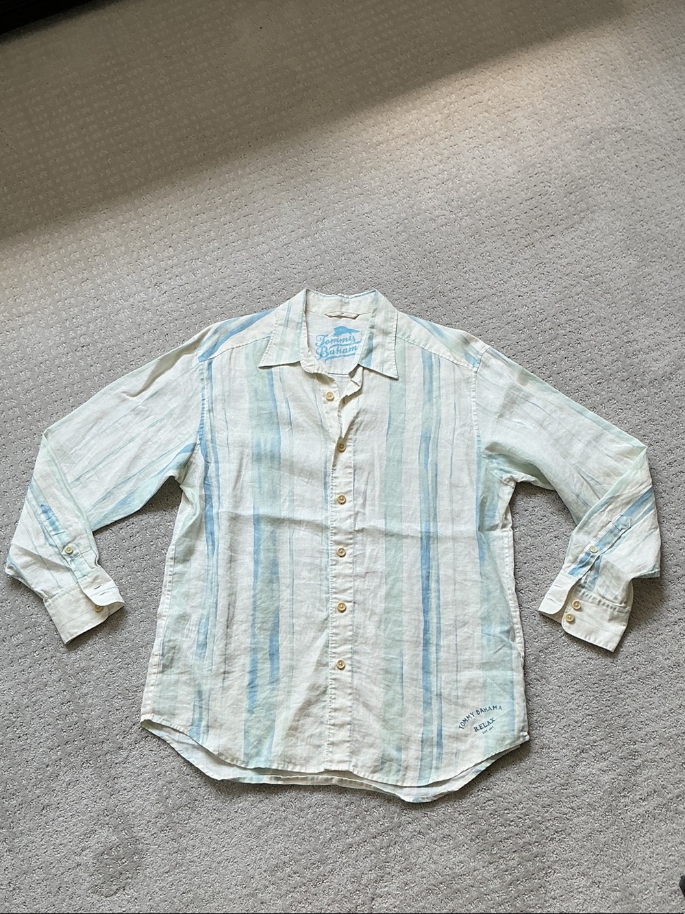 Tommy Bahama Light Blue and Off-White Striped Linen Button-Up